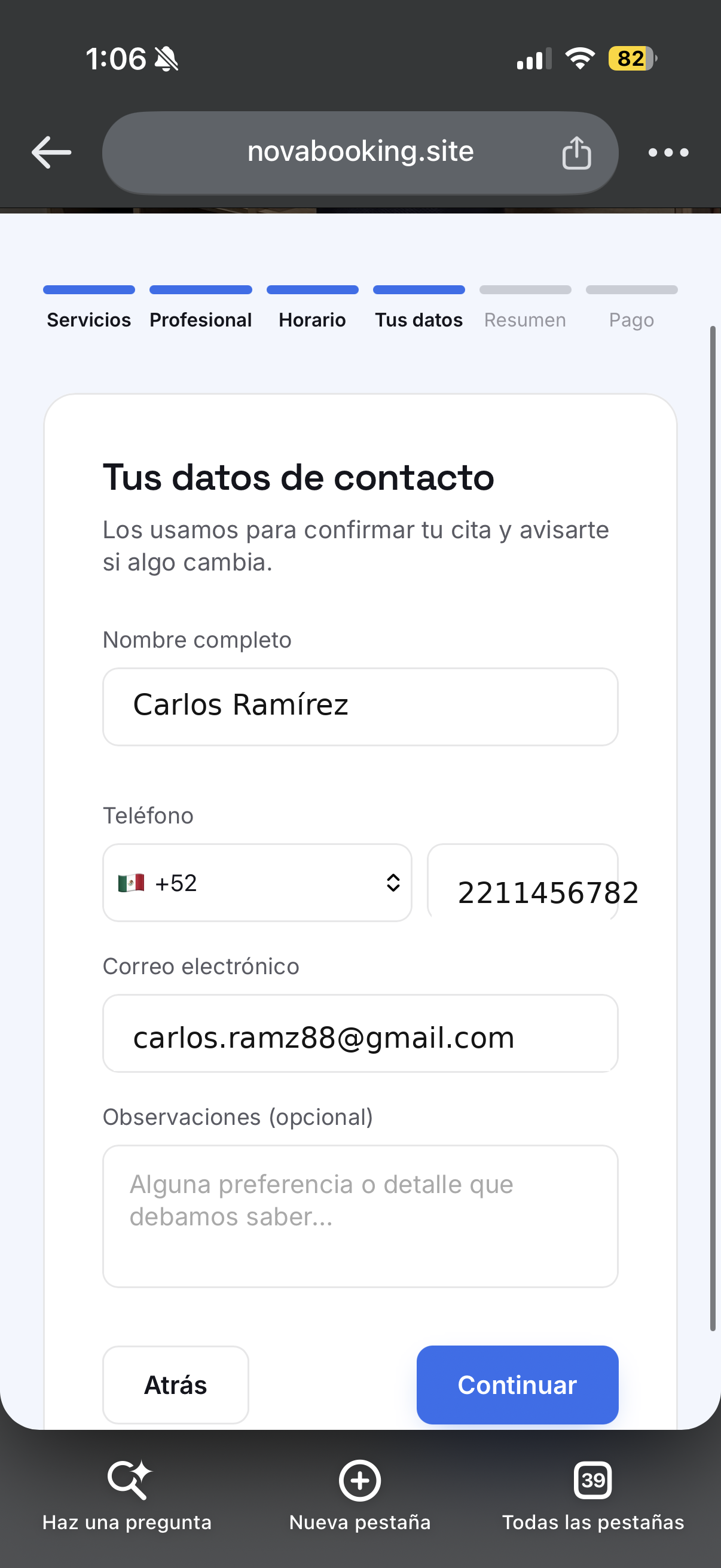 Paso 3: datos de contacto