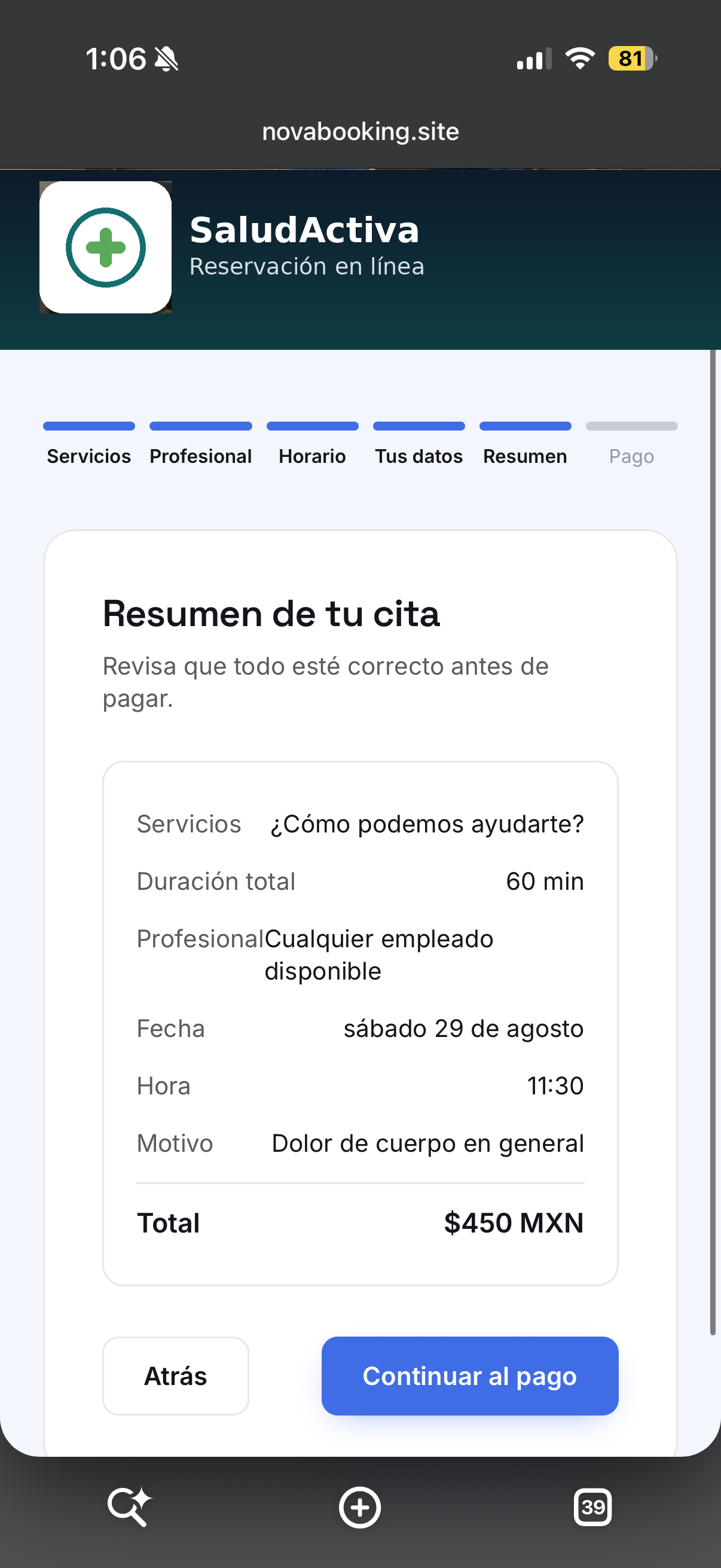 Paso 4: resumen de la cita